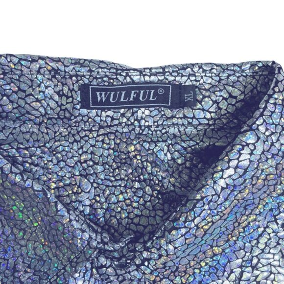 !! SOLD !!  Wulful Disco Party Shirt Metalic Holographic Nightclub Men Silver XL - Picture 6 of 16